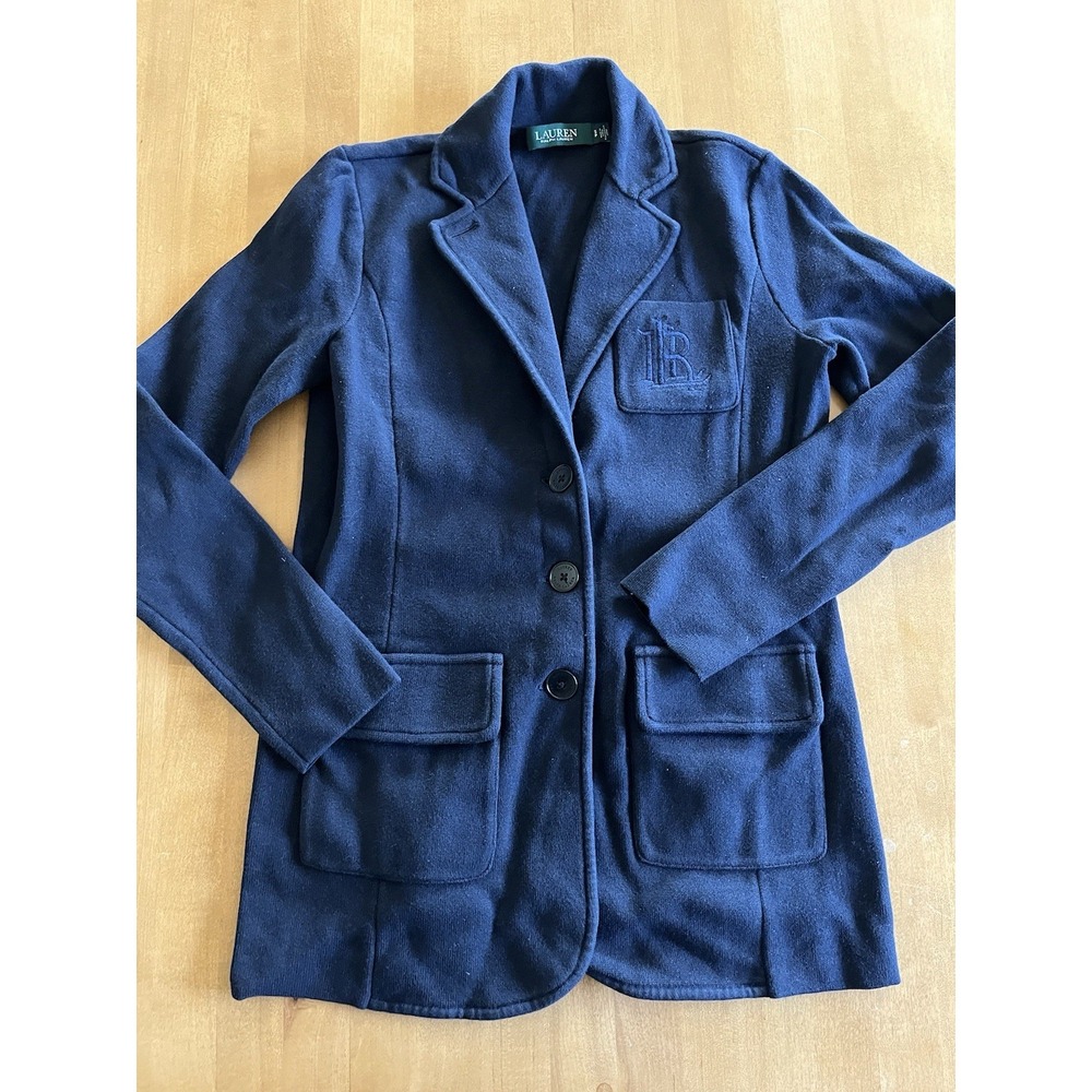 Lauren Ralph Lauren Blazer Women S Navy Cotton Embroidered Crest Business Preppy